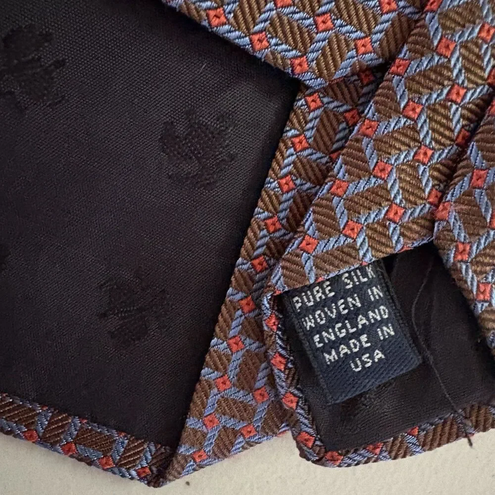 Brooks Brothers Makers Brown Blue Red Woven Geometric Silk Tide VTG Made In USA